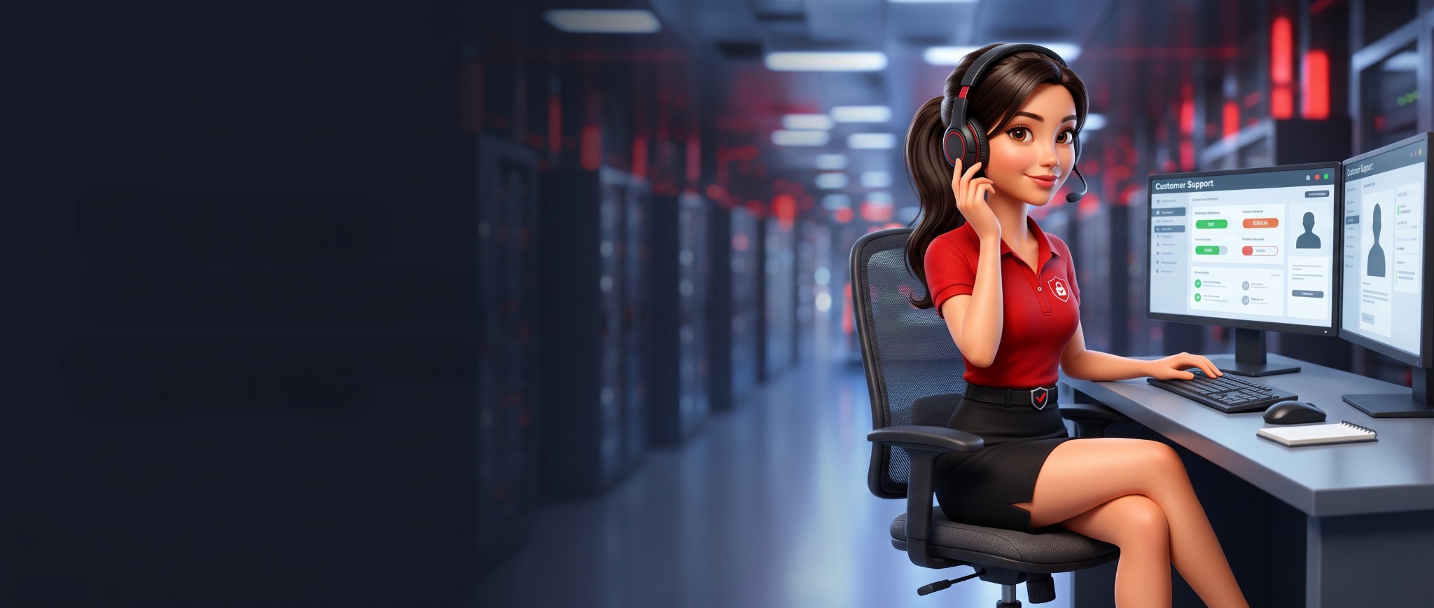 DeNiSe wearing a headset at the SSLassist support desk in a data centre