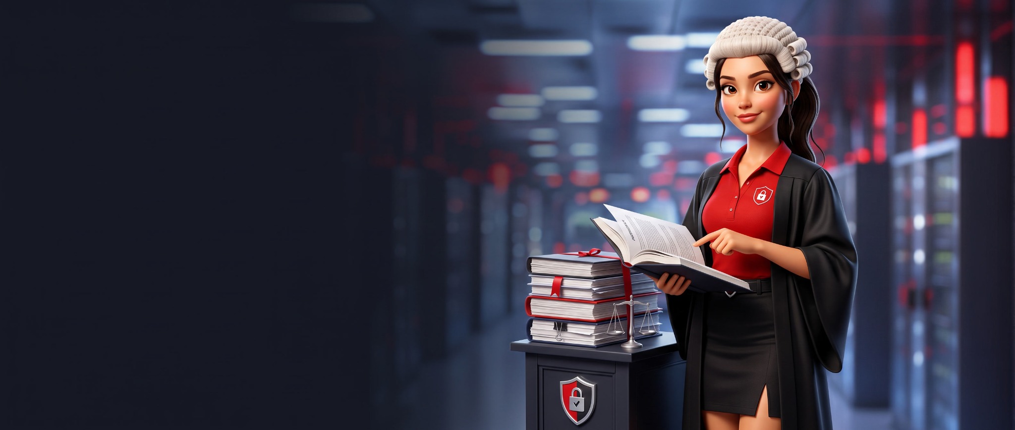 DeNiSe in barrister attire reviewing SSLassist legal documents in a data centre