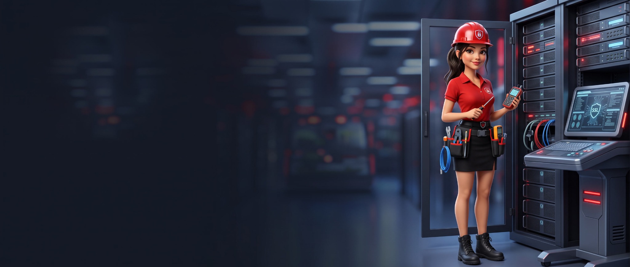 DeNiSe wearing SSLassist diagnostic gear beside an open server rack in a data centre